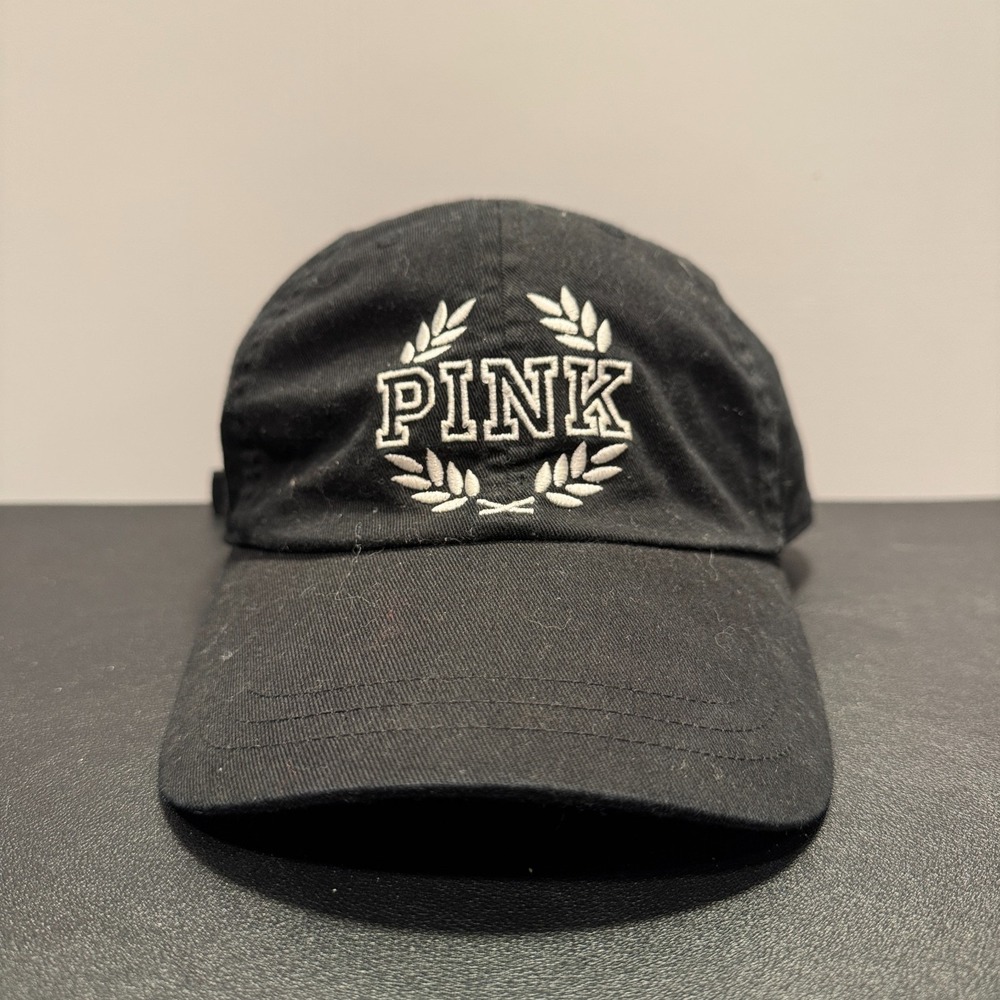 Pink Victorias Secret Hat Cap Black Logo Embroidered Strap Back Mom Crest Logo